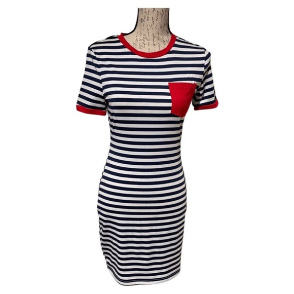 SHEIN Y2K Bodycon Scoopneck Mini
Dress Stripped Navy Red White Size M6 - Picture 1 of 7